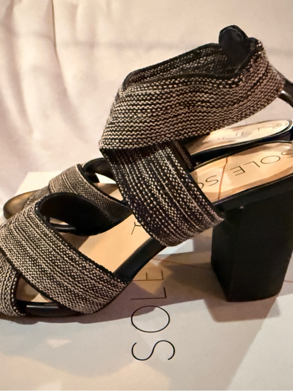 Sole Society Josey Women’s Black and Cream Strappy Block Heel Sandals
